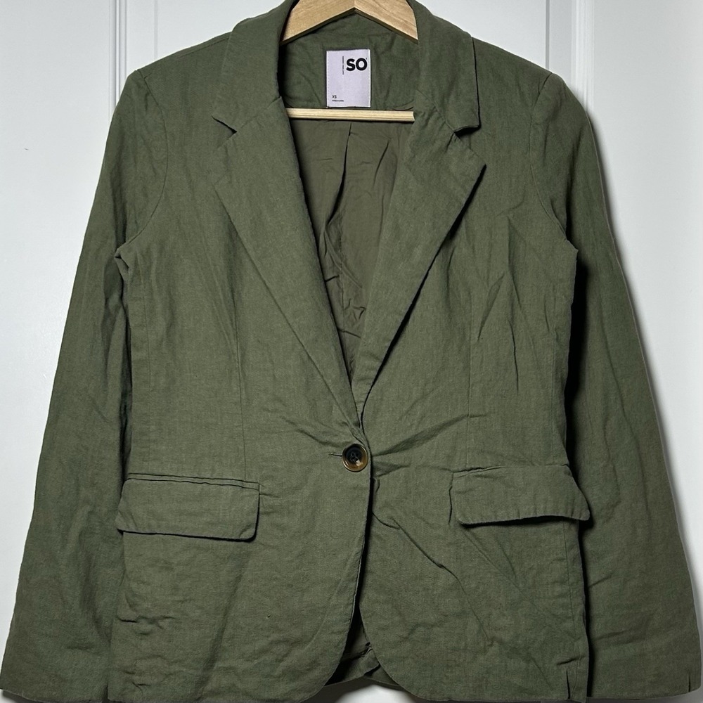 SO Olive Green Linen Rayon Blend Single Button Blazer Earthy Clean Girl Style